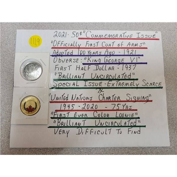 Lot of 2 commemorative Canadian coins - 2021 50¢& 1945-2020 First ever color loonie