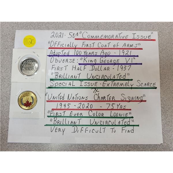 Lot of 2 commemorative Canadian coins - 2021 50¢& 1945-2020 First ever color loonie
