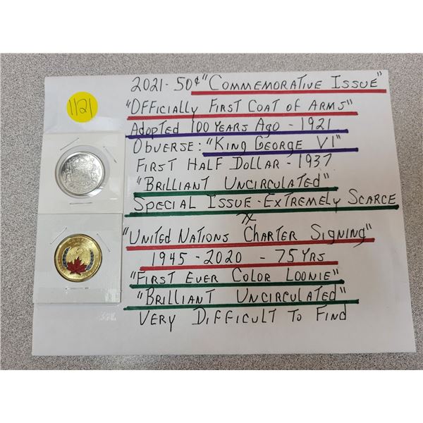 Lot of 2 commemorative Canadian coins - 2021 50¢& 1945-2020 First ever color loonie