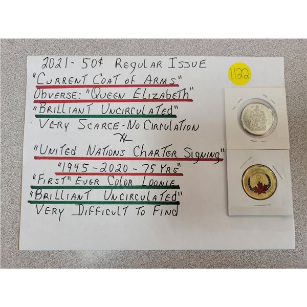 2021 50¢ regular issue & United Nations Charter signing first ever color loonie