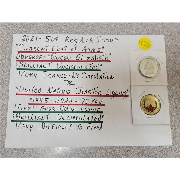 2021 50¢ regular issue & United Nations Charter signing first ever color loonie