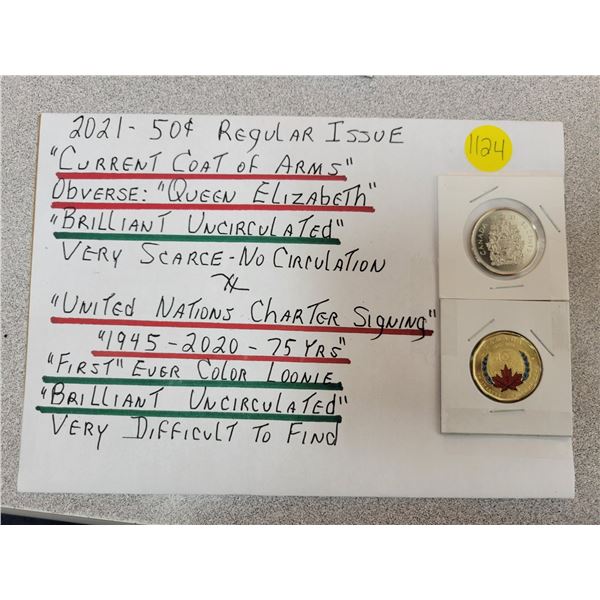 2021 50¢ regular issue & United Nations Charter signing first ever color loonie