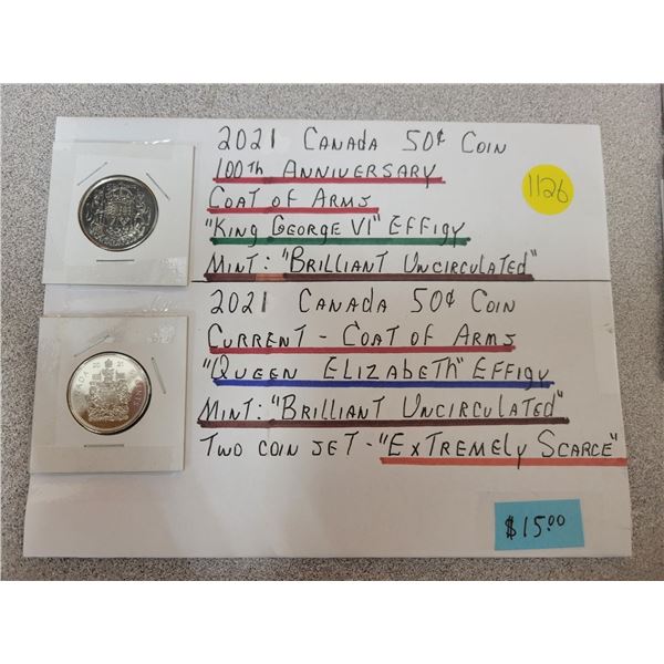 Lot of two 2021 Canadian 50¢ coins - one with 100th anniversary coat of arms and one with current co
