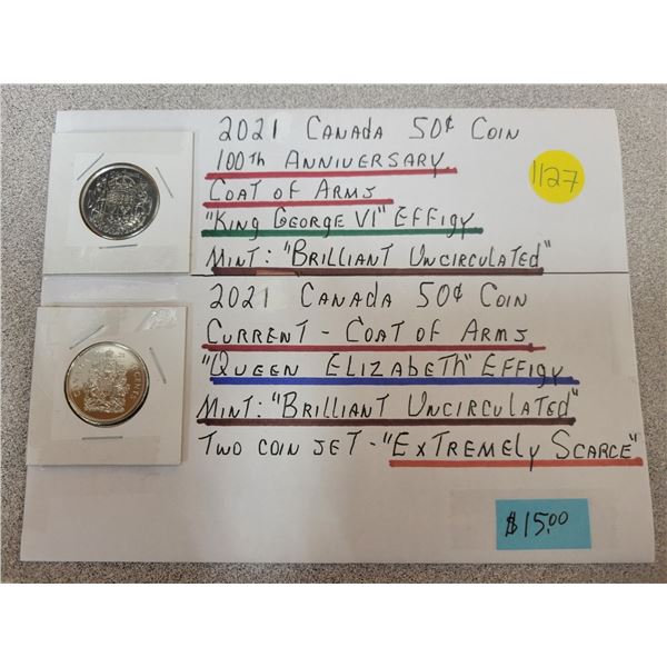 Lot of two 2021 Canadian 50¢ coins - one with 100th anniversary coat of arms and one with current co