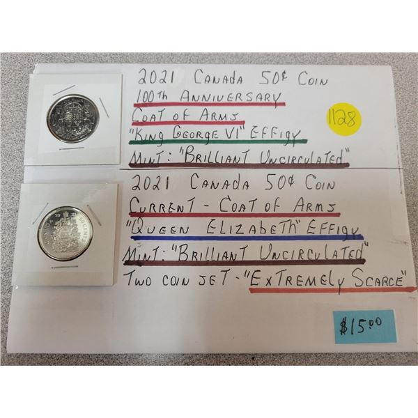 Lot of two 2021 Canadian 50¢ coins - one with 100th anniversary coat of arms and one with current co