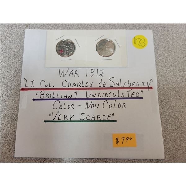 War of 1812 'Lt Col. Charles de Salaberry' 25¢ coins - color and non color