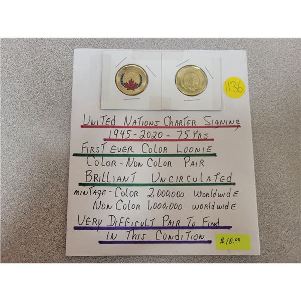 2 commemorative Canadian loonies - United Nations Charter Signing 1945-2020 first ever color loonie 