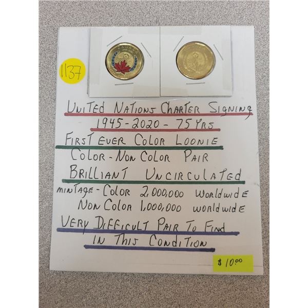 2 commemorative Canadian loonies - United Nations Charter Signing 1945-2020 first ever color loonie 