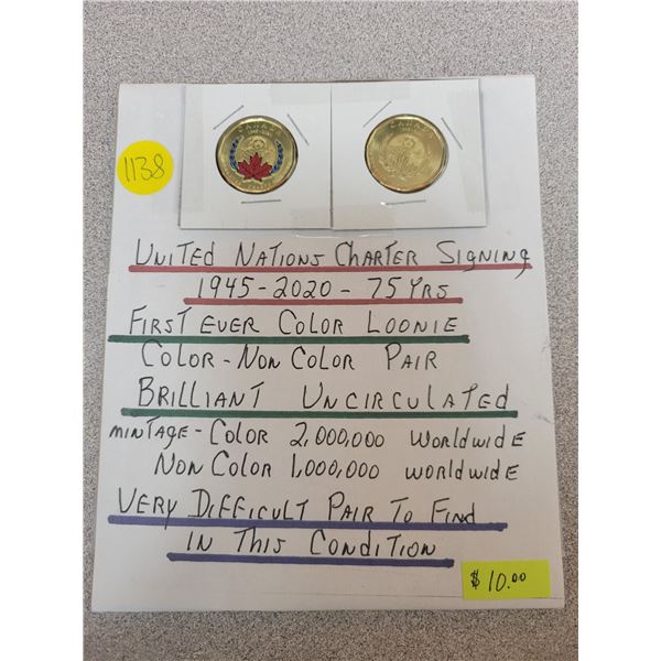 2 commemorative Canadian loonies - United Nations Charter Signing 1945-2020 first ever color loonie 