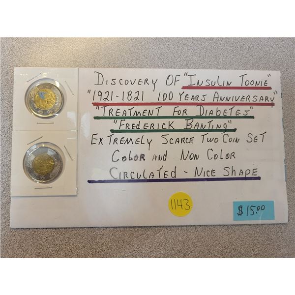 2 commemorative Canadian toonies - 'Discovery of Insulin' color and non-color set, circulated