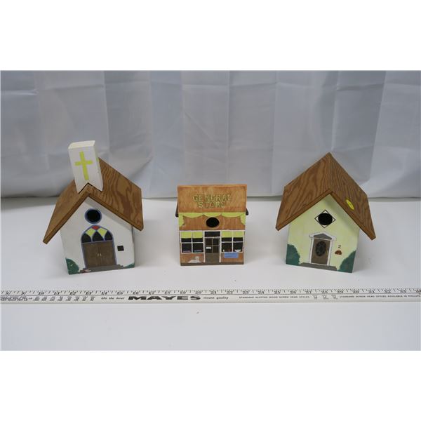 (3) Unique Custom Made Bird Houses - Church, House, General Store