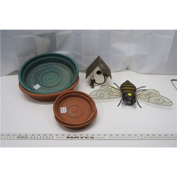 Bird House, Metal Bee, Plant Pot Saucers