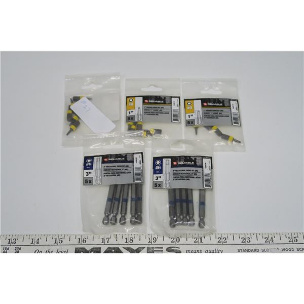 Driver Bits - 1" 3pkgs of 5, 3" #6 Hex 3pkgs of 5
