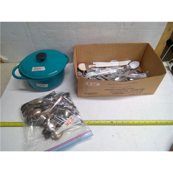 Lot of Kitchenware - Enamel Pot and Utensils