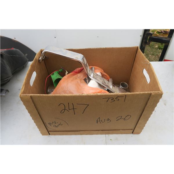 box of misc motorcycle parts, lights, chain cover, ect.