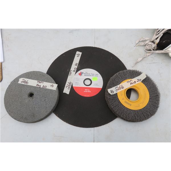 Misc Set of 3 large grinder wheels, hone stone, Dewalt metal wheel, 14" metal cutting wheel.