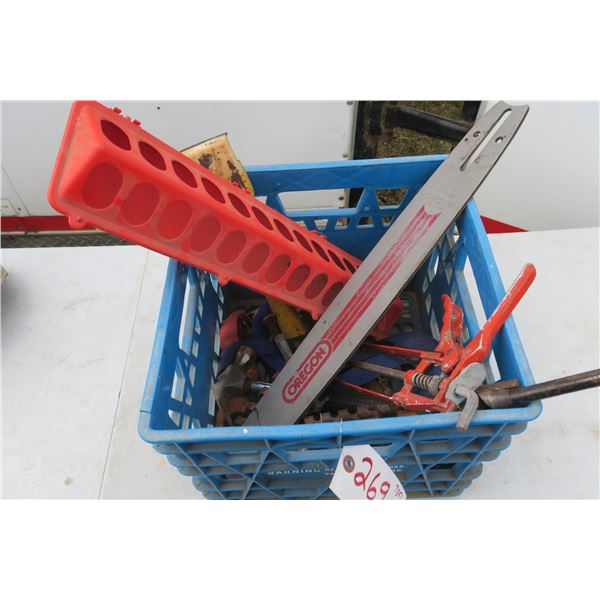 Blue crate of misc tools,  hammers, scrapers, chainsaw part,ect.