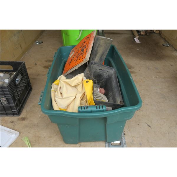 1 Dark green tote of misc items. Rain boots size 12, rain coat, varous hardware.