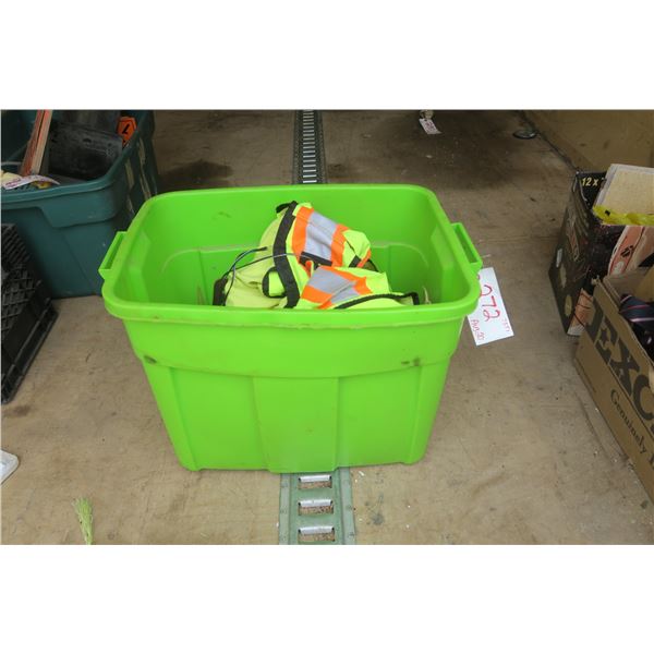 lime green tote of Misc items.  Safty vest, assorted hardware.
