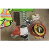 Image 6 : lime green tote of Misc items.  Safty vest, assorted hardware.