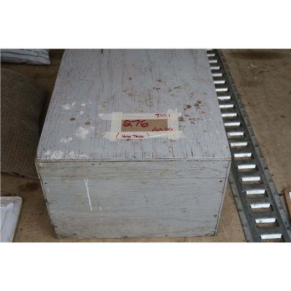 wood box of misc horse tack, bits, leads.