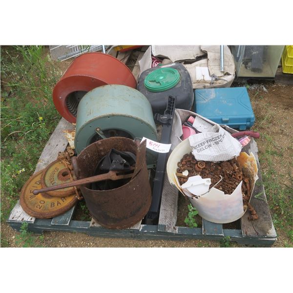 Pallet of Misc. - 2 Grain Fans, Weights, Iron, Etc.