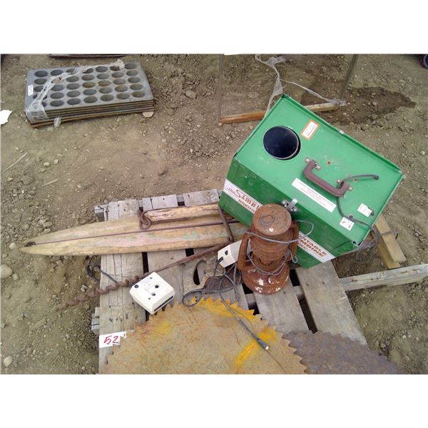 Pallet of Misc. Items - Portable Combine, Hide Stretchers, Lamp, Hand Saw, Drill Bit