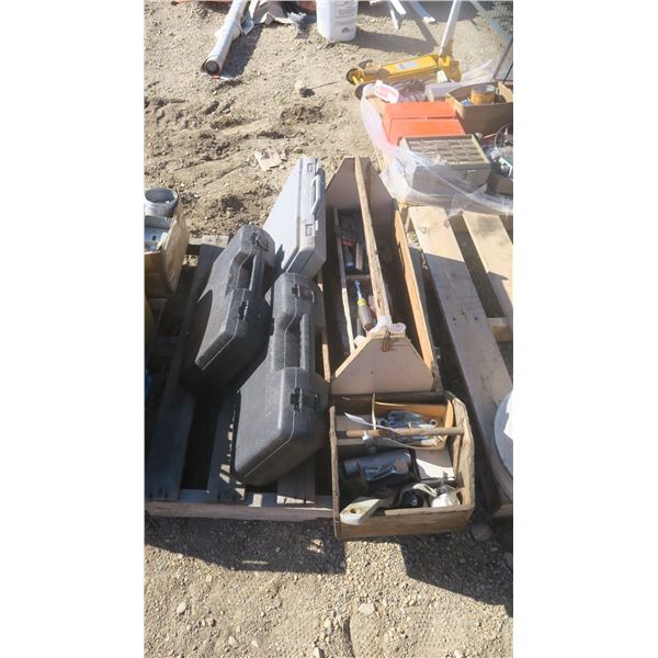 Wooden Tool Trays w/ Contents & 3 Plastic Tool Trays (empty)