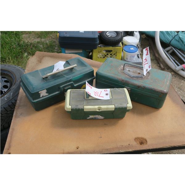 3 small tackle boxes with one has hooks & other tackle inside.