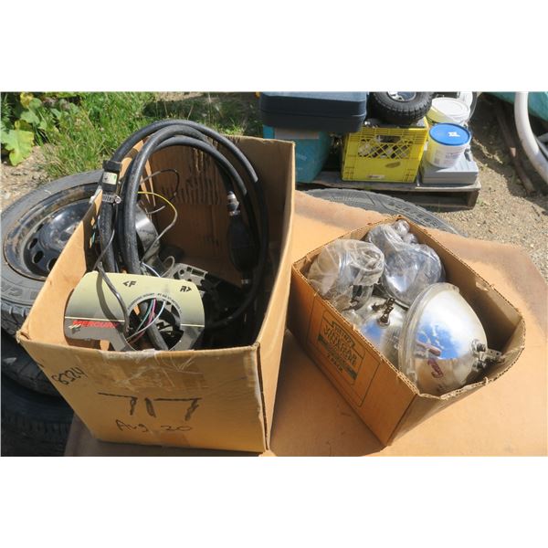 1 boat motor throtle cable and misc parts, box of headlight.