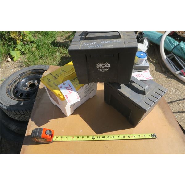 3 boxes of misc electrical items , wall plugs, breakers, joist hangers.