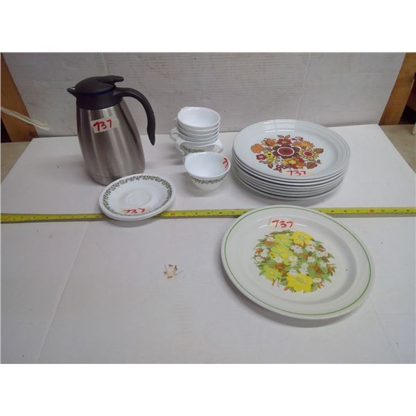 Lot of Misc. Kitchenware - Floral Plates, Corelle Dishes, and Thermos