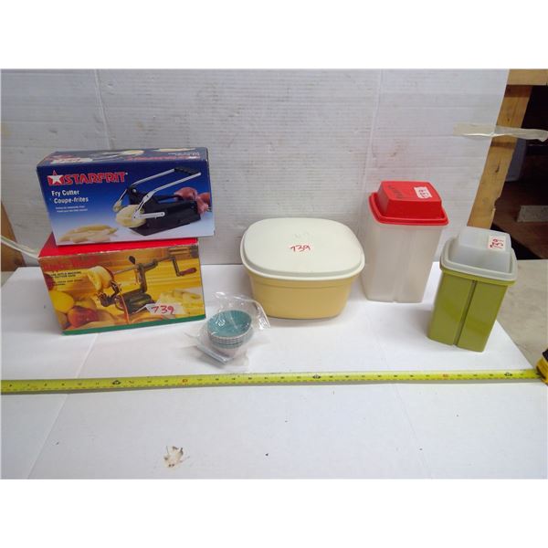 Lot of Misc. Items - Apple Peeler, Fry Cutter, Cupcake Paper, and Tupperware