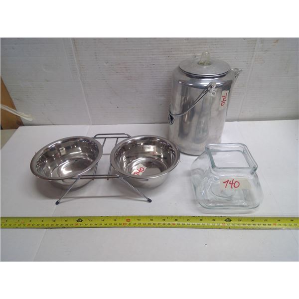 Lot of Misc. Items - Dog Dish, Coffee Pot, and Glass Bowl