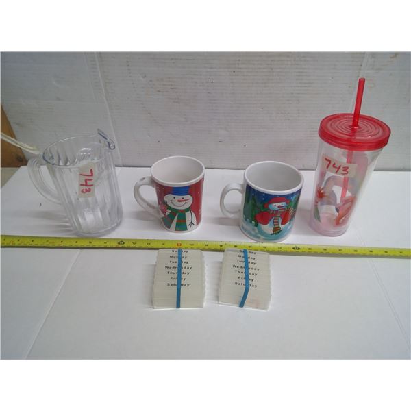 Lot of Misc. Items - Snowman Mugs, Pitcher, Cup, and Pill Containers