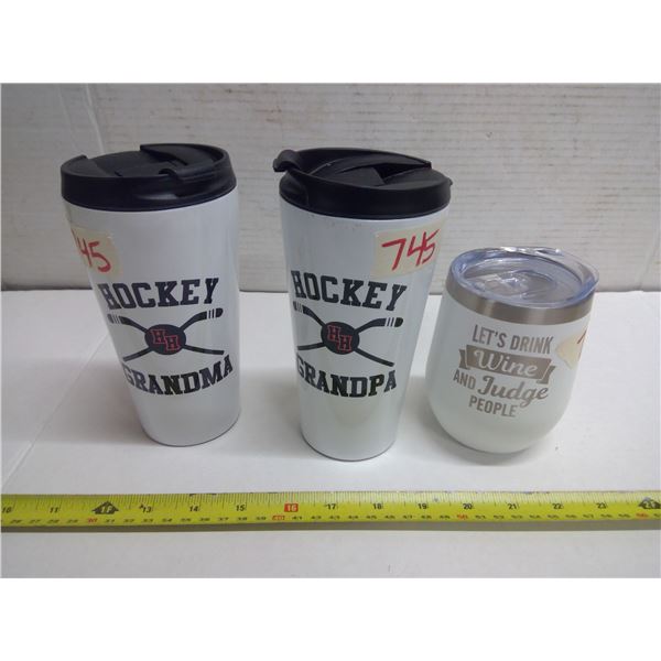 "Hockey Grandma/Grandpa" Travel Mugs, and "Let's Drink Wine and Judge People" Travel Wine Cup