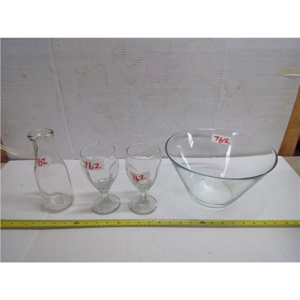 Lot of Assorted Glassware - Glass Bowl, 2 Stemed Water Glasses, and Milk Bottle