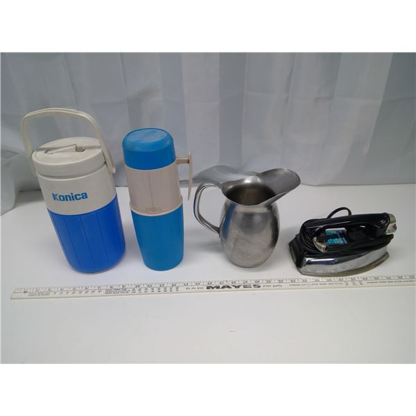 Lot of Misc. Items - Iron, Pitcher, Thermos, and Drink Jug