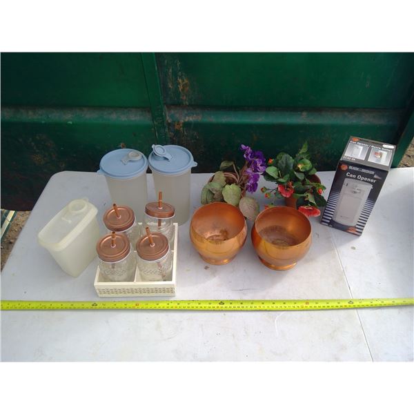 Lot of Misc. Items - Black & Decker Can Opener, Flower Pots, Jars, and Plastic Containers