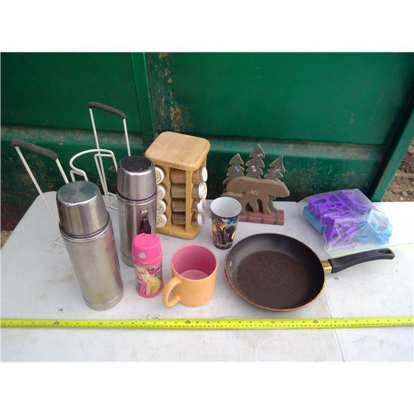 Lot of Misc. Kitchen Items - Thermoses, Spices, Cookie Cutters, Frying Pan, etc.