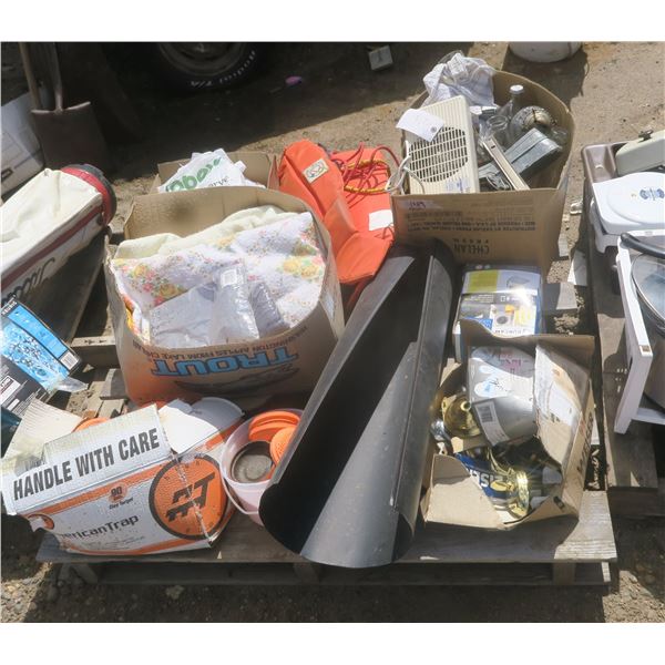 Pallet of Misc. - Life Jacket, Door Handles, Clays Discs, Blankets