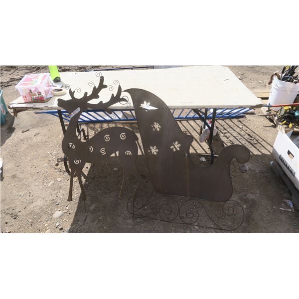 2 Tin Christmas Lawn Decorations - Sleigh & Reindeer