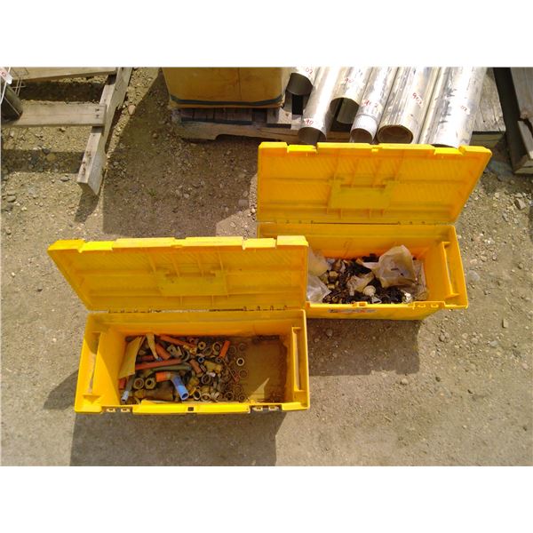 2 Yellow Rubbermaid Toolboxes Full of Pipes/Adapters