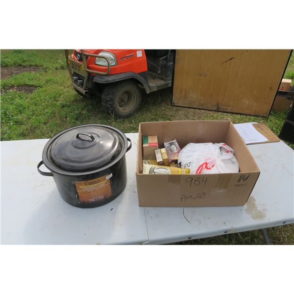 Misc box of canning items and canner pot.