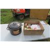 Image 1 : Misc box of canning items and canner pot.