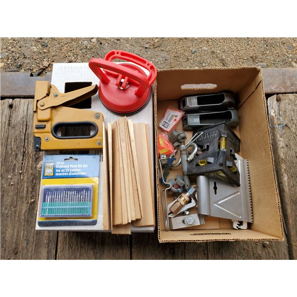 box w/ stapler, dent puller, dremel bit & much more