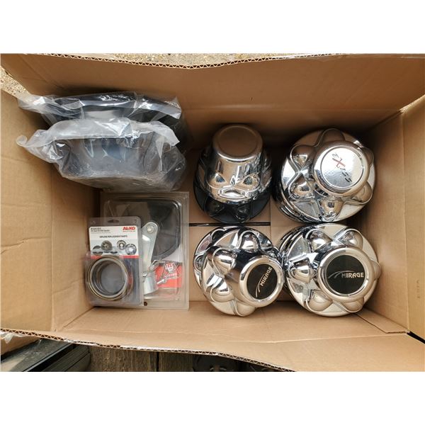 lot of trailer hub caps, oil seal & wheel