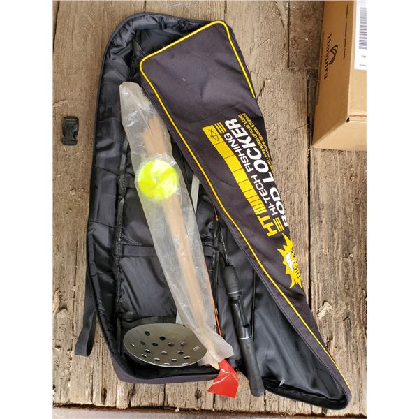 ice fishing rods, scoop, storage bag