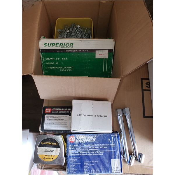 lot of nails, staples, tape measure