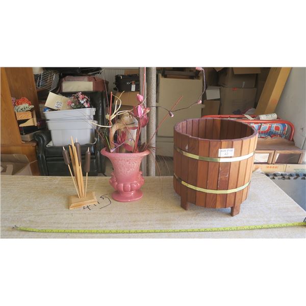 3 Decorative Pieces - Wood Barrel, etc.